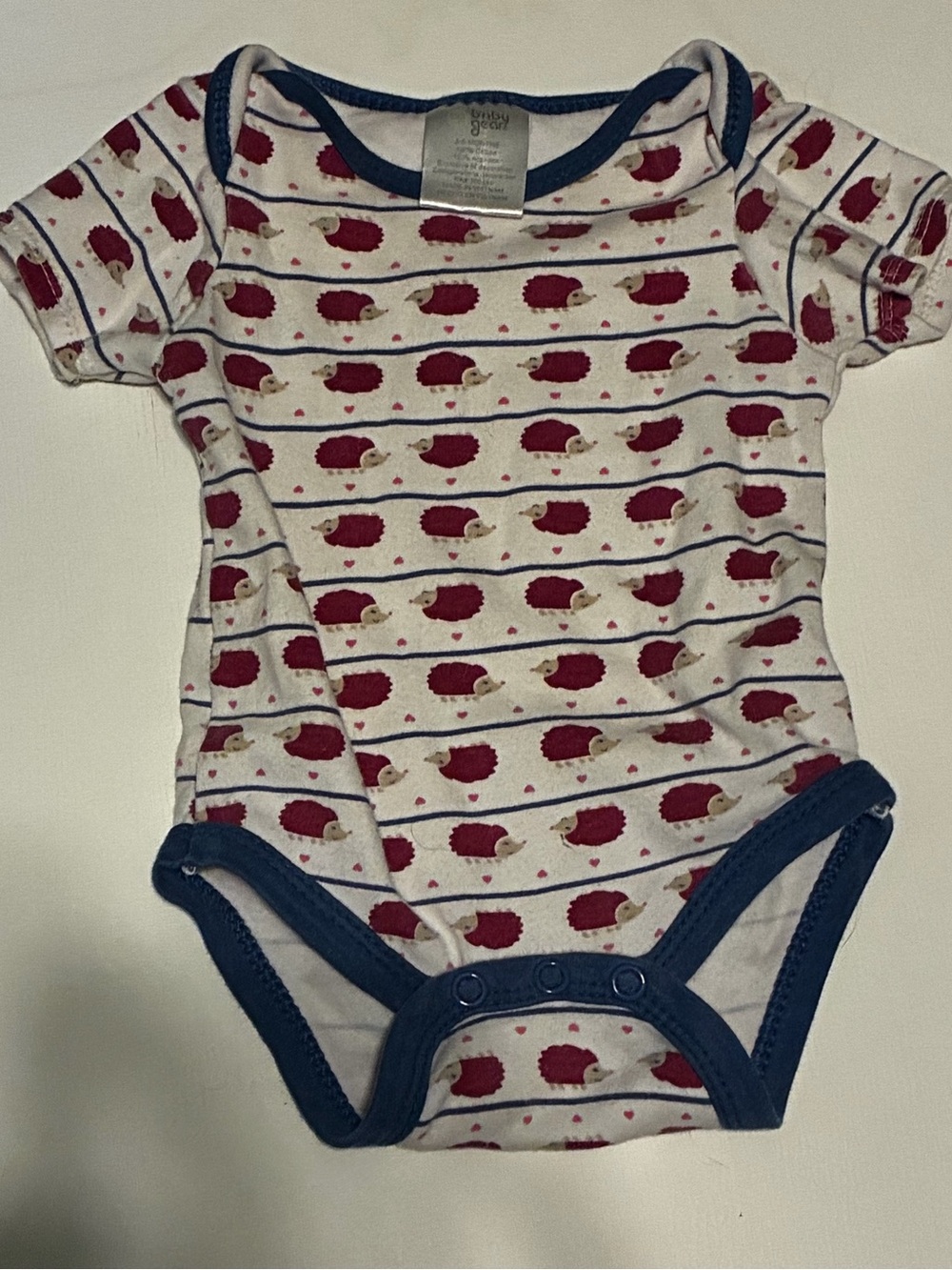 Baby Gear White One-Piece Bodysuit with Red Hedgehog Print and Navy Trim